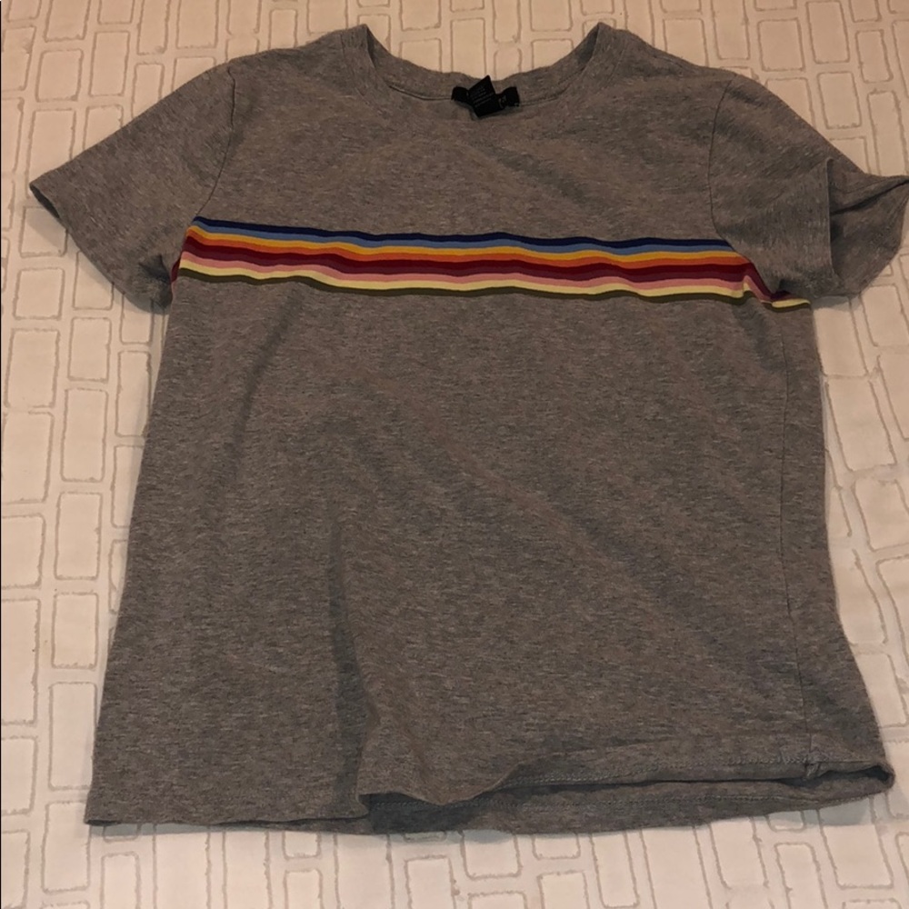 Grey Short Sleeve Top with Colorful Stripes